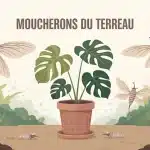 moucherons du terreau volant autour d un pot de plante Monstera et Ficus