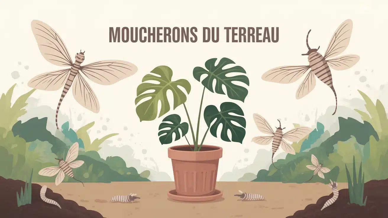 moucherons du terreau volant autour d un pot de plante Monstera et Ficus