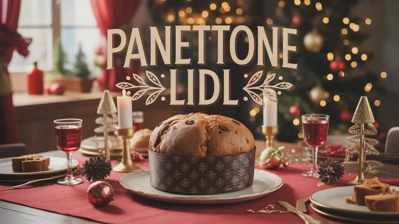 Panettone Lidl au centre d'une table de fête hivernale