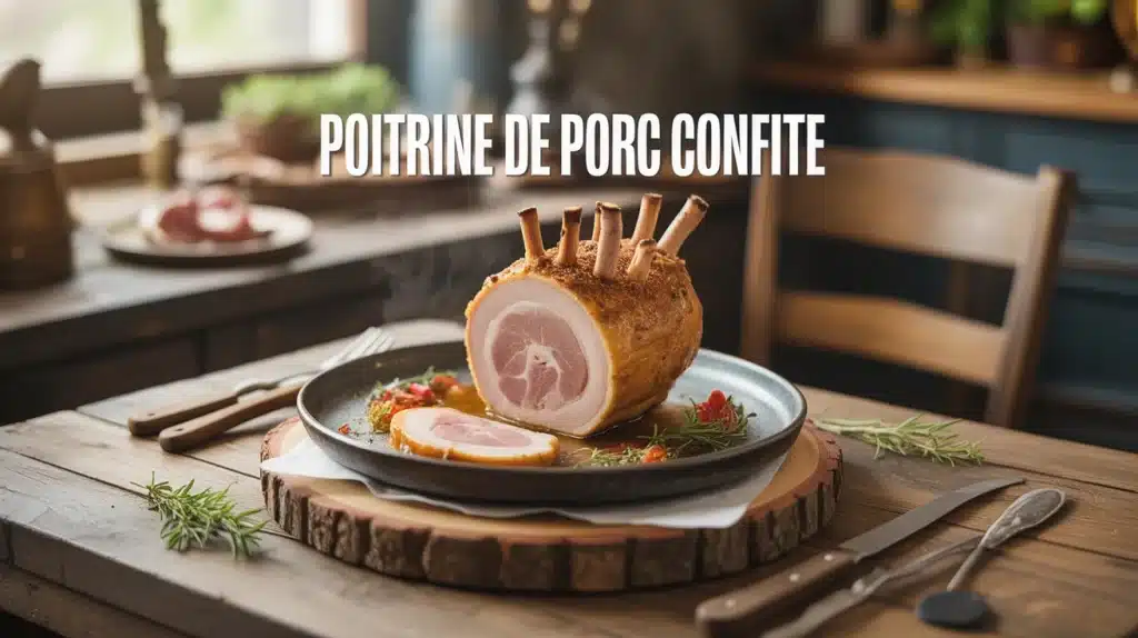 Poitrine de porc confite avec peau croustillante et chair fondante sur planche en bois