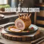 Poitrine de porc confite avec peau croustillante et chair fondante sur planche en bois