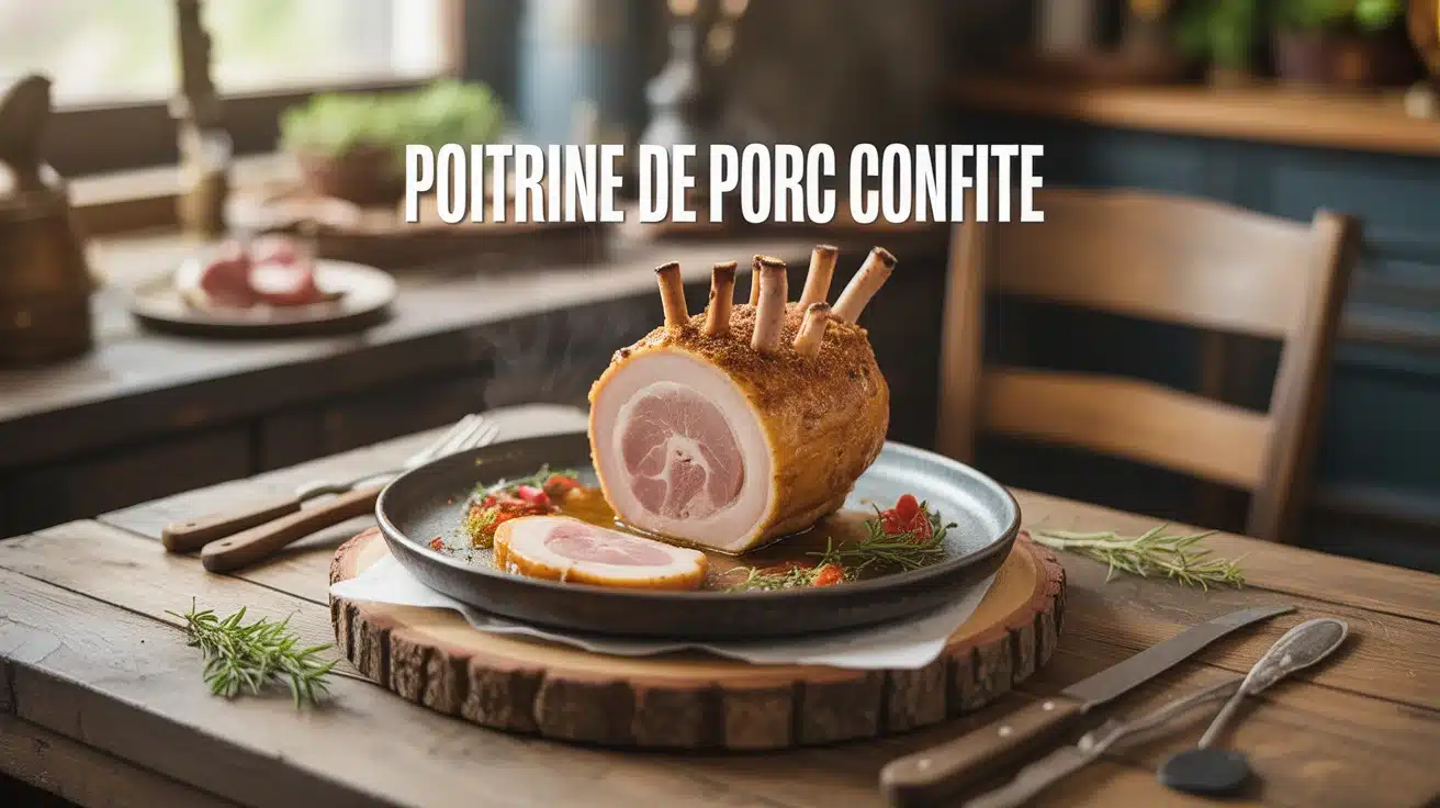 Poitrine de porc confite avec peau croustillante et chair fondante sur planche en bois