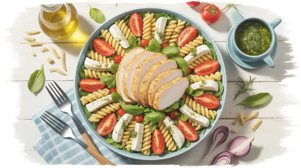 salade de pâtes au poulet avec pâtes fusilli tomates mozzarella pesto