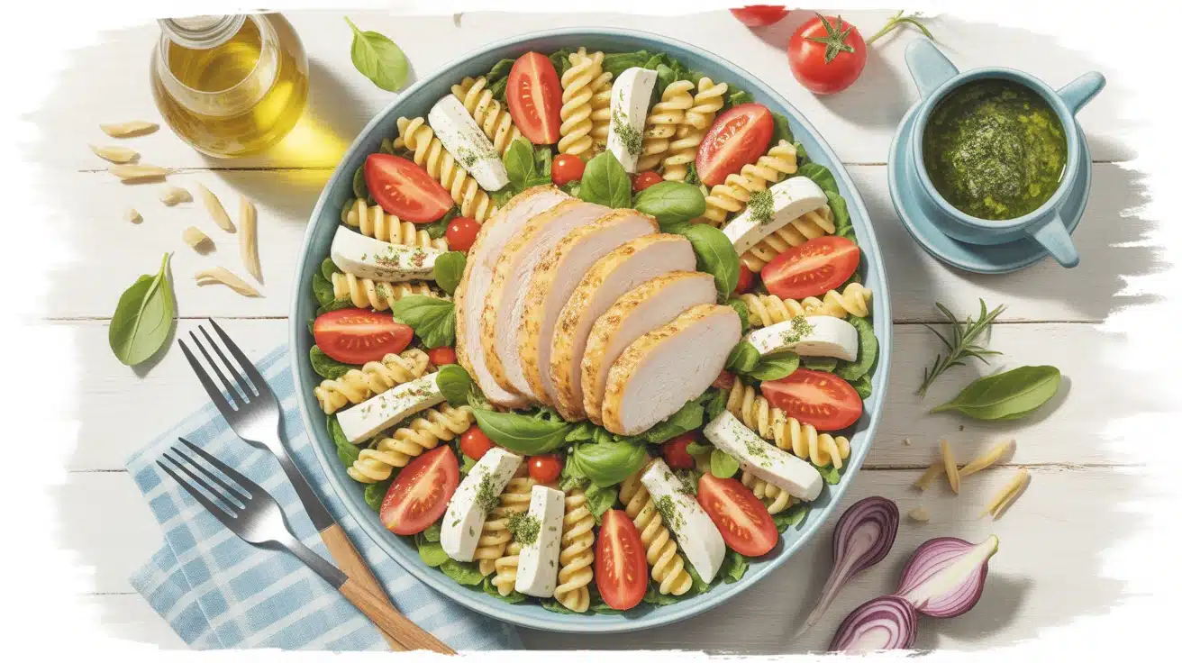 salade de pâtes au poulet avec pâtes fusilli tomates mozzarella pesto