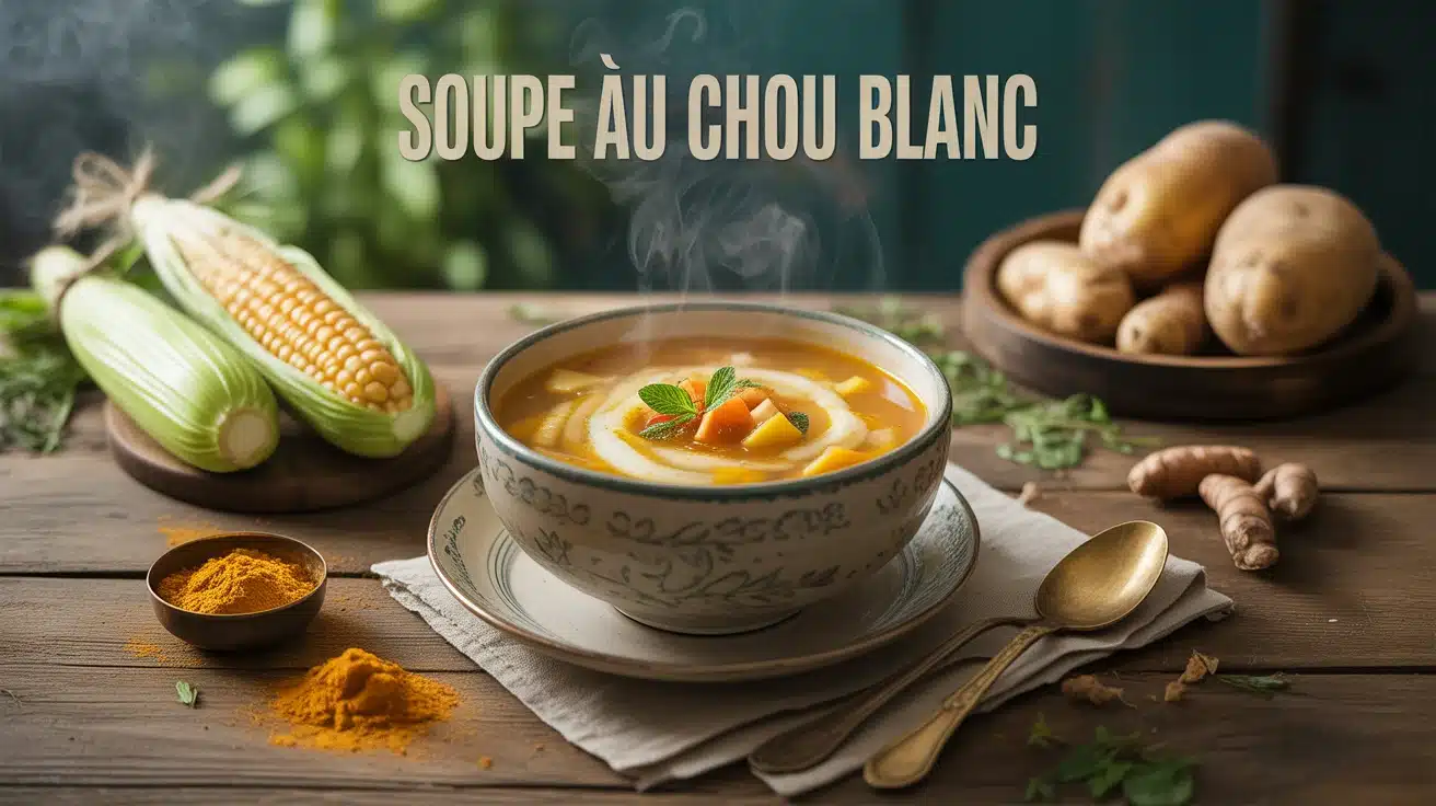 Bol de soupe au chou blanc fumant sur table rustique