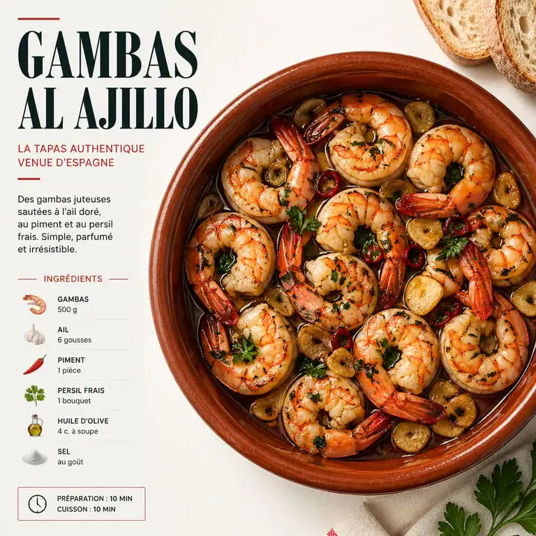 Recette des tapas espagnol : Gambas al Ajillo servies dans un plat en terre cuite