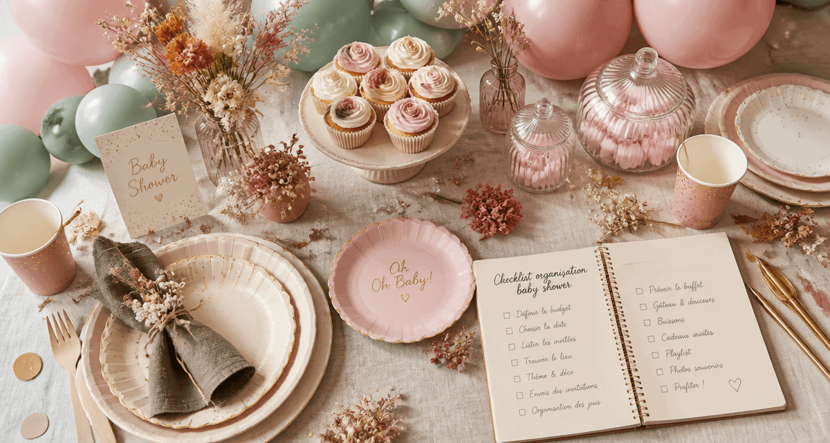 Table décorée baby shower avec checklist organisation