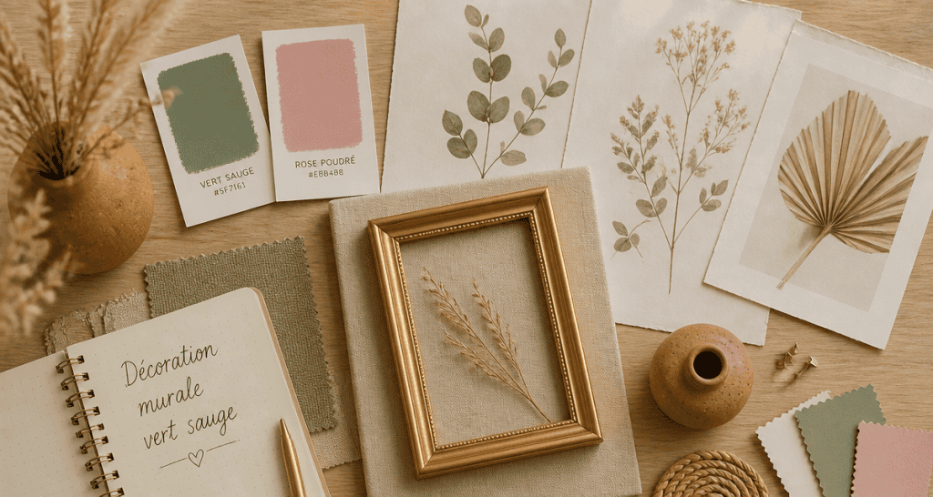 décoration murale vert sauge accessoires déco flat lay
