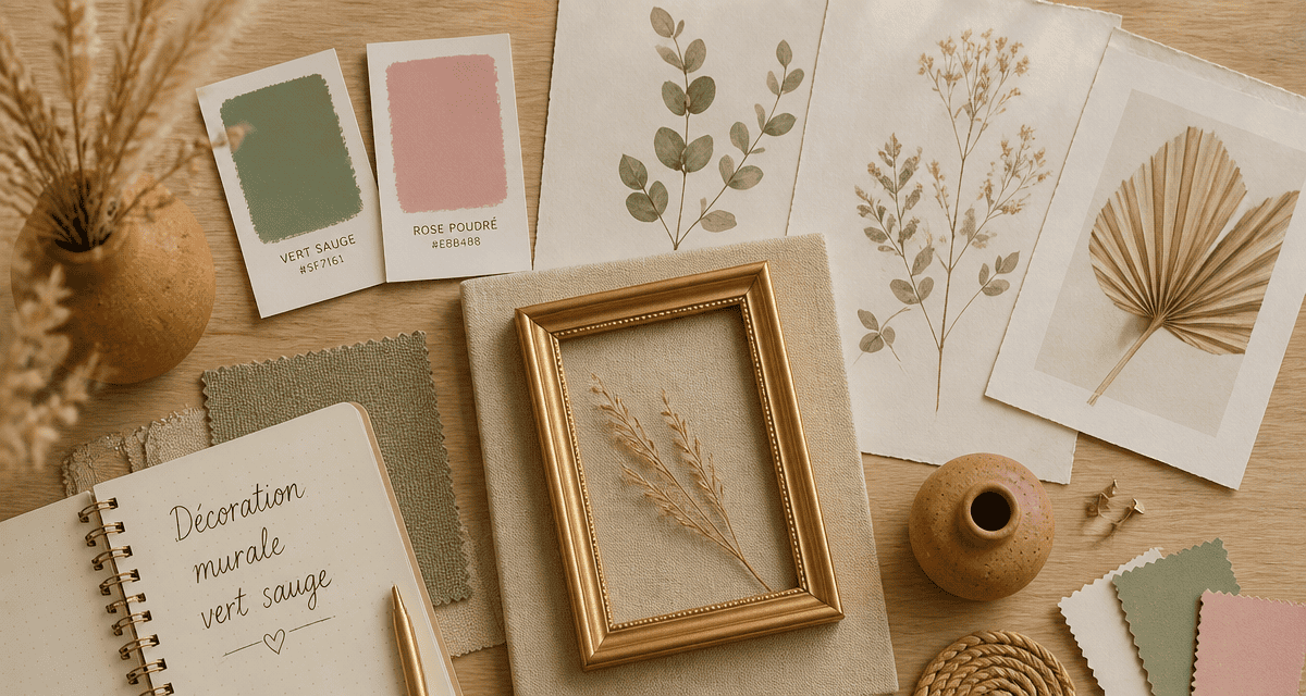 décoration murale vert sauge accessoires déco flat lay