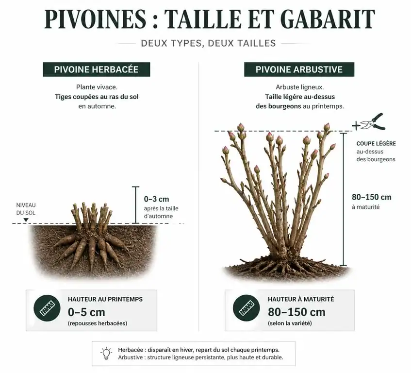 Schéma explicatif sur quand et comment tailler les pivoines herbacées et arbustives au jardin