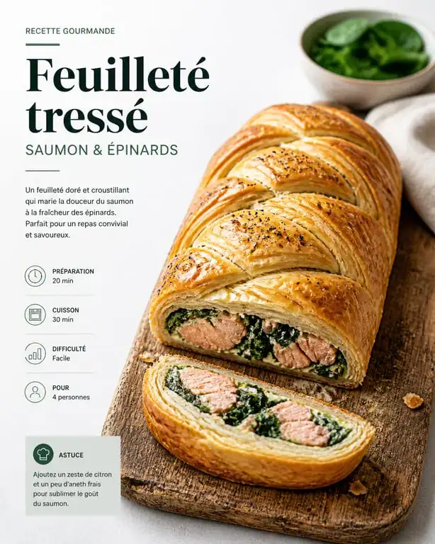 Recette de feuilleté tressé au saumon et épinards croustillant
