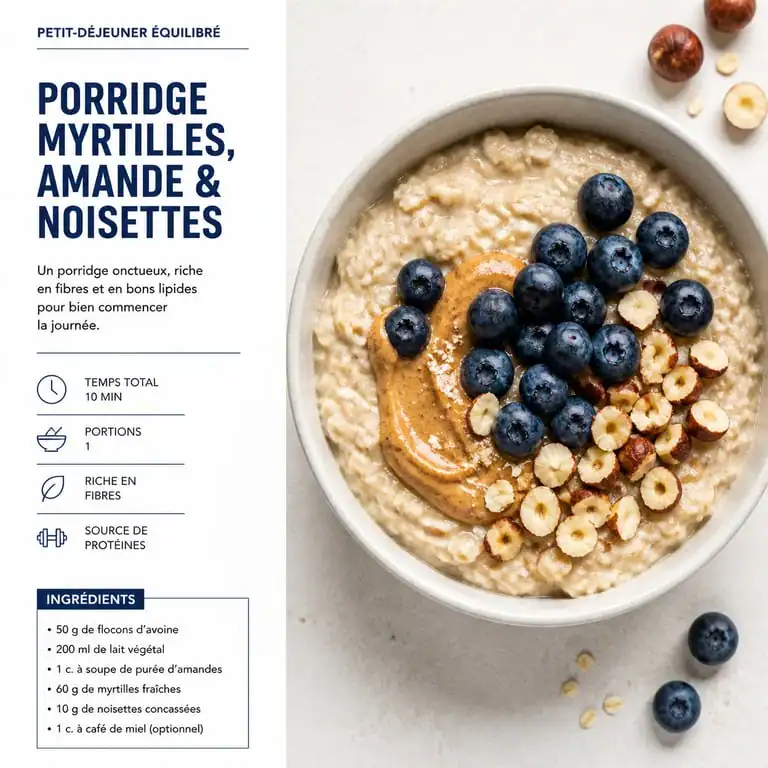 Bol de porridge aux myrtilles et amandes pour un petit déjeuner équilibré