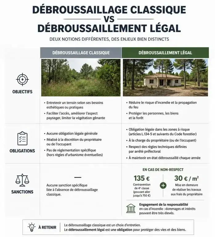 Infographie comparative entre débroussaillage et débroussaillement légal pour la prévention des incendies