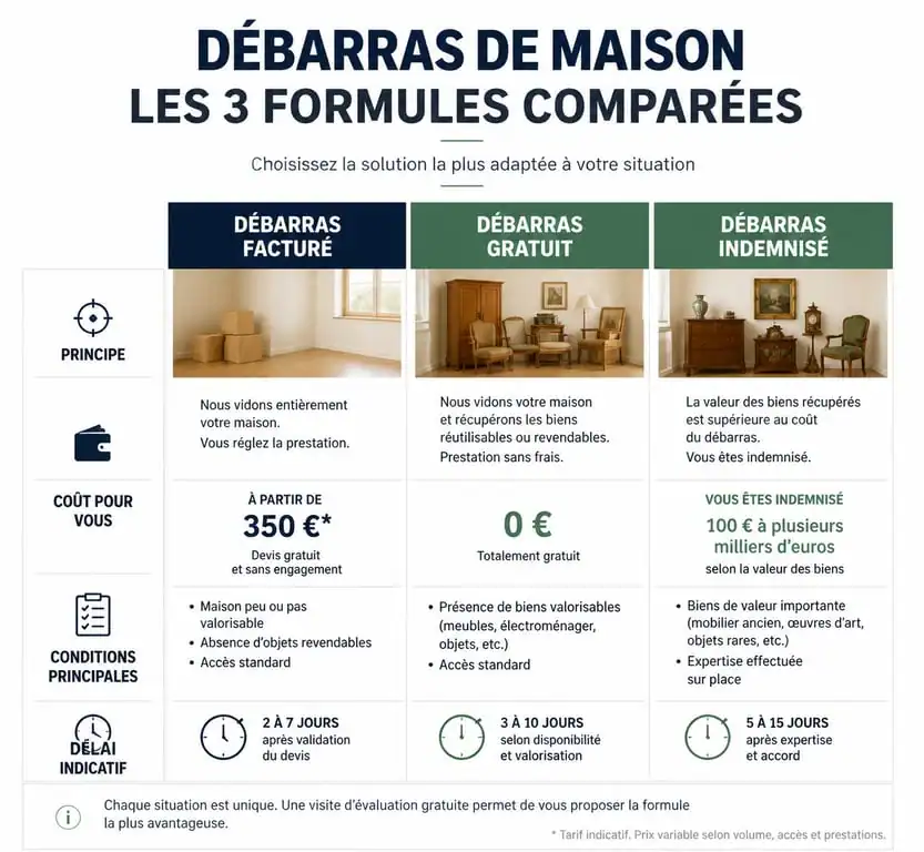 Infographie comparative des solutions de débarras maison : facturé, gratuit ou indemnisé