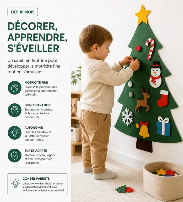 Enfant de 2 ans réalisant un bricolage de Noël avec un sapin en feutrine
