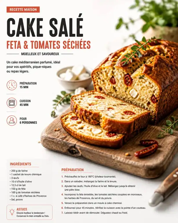 Recette de cake salé à la feta, tomates séchées et thym sur une planche en bois
