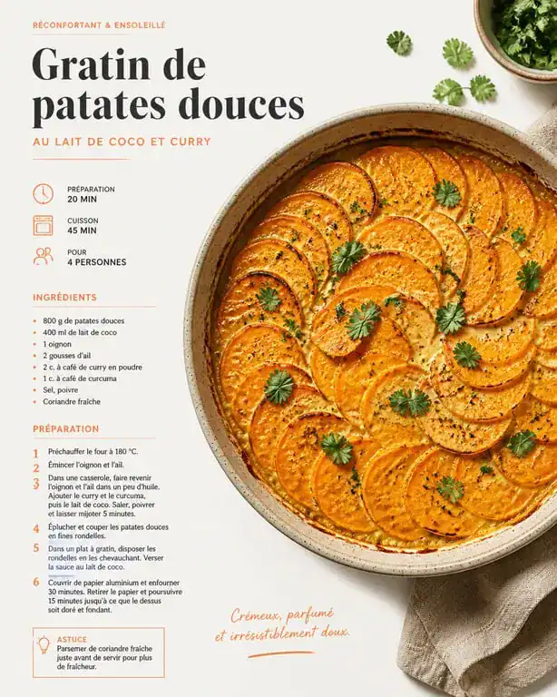 Gratin de patates douces au lait de coco et curry, un accompagnement idéal pour vos plats
