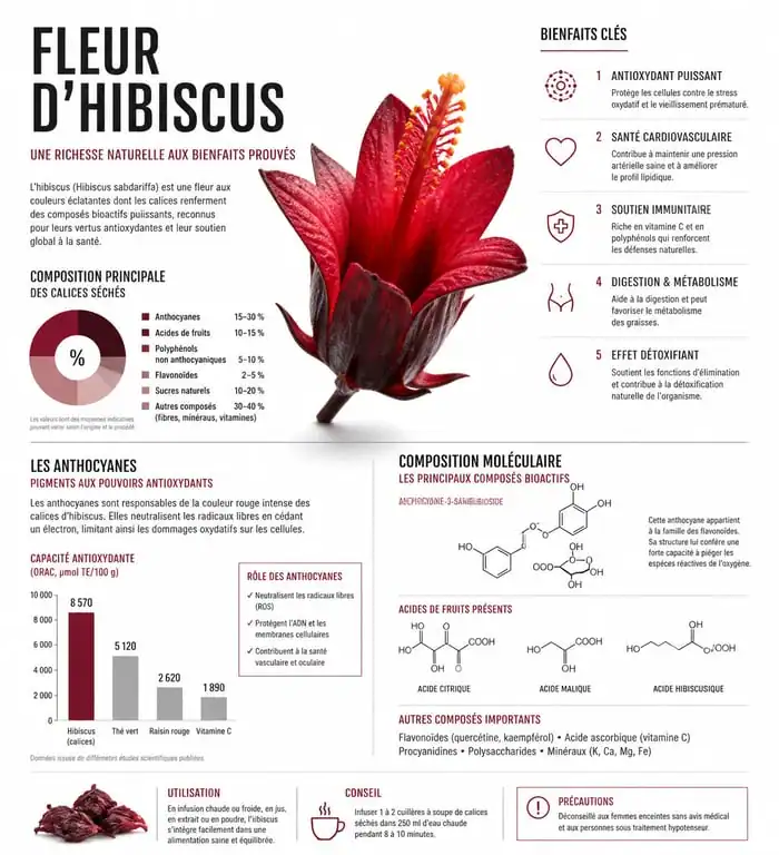 Infographie sur les bienfaits et la composition de la fleur d'hibiscus pour la santé et la cosmétique