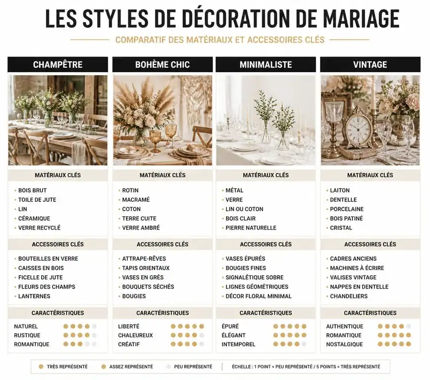 Infographie comparative des styles de décoration de mariage : champêtre, bohème, minimaliste et vintage