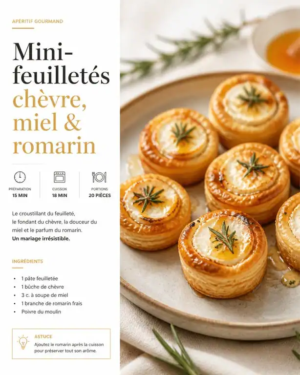 Mini-feuilletés chèvre, miel et romarin croustillants sur une assiette pour une recette feuilleté salé réussie