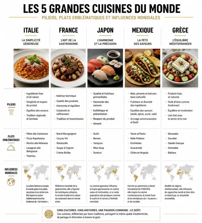 Infographie comparative des 5 grandes cuisines du monde : Italie, France, Japon, Mexique et Grèce.