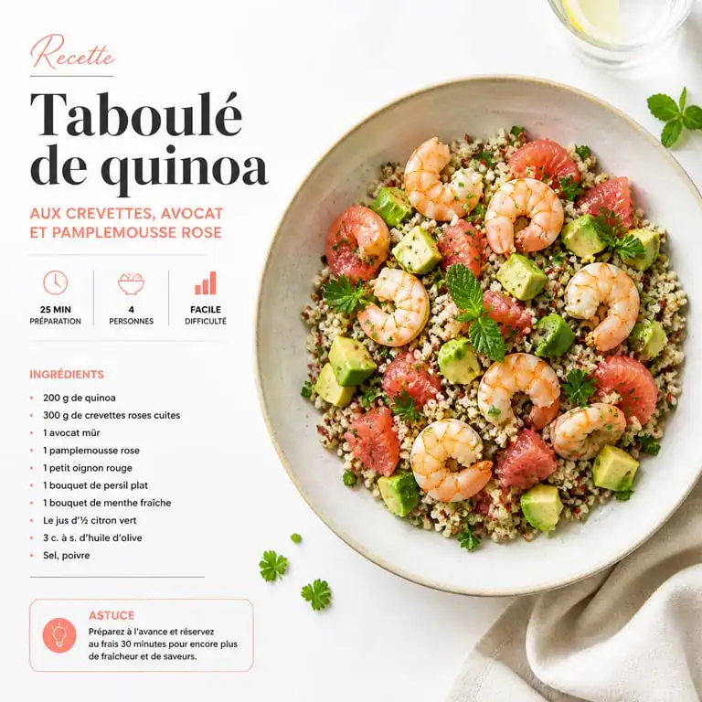 Taboulé de quinoa aux crevettes et agrumes pour un repas froid entre amis