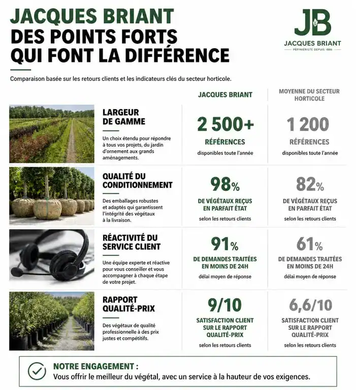 Infographie comparative des avis et prestations de la jardinerie en ligne Jacques Briant