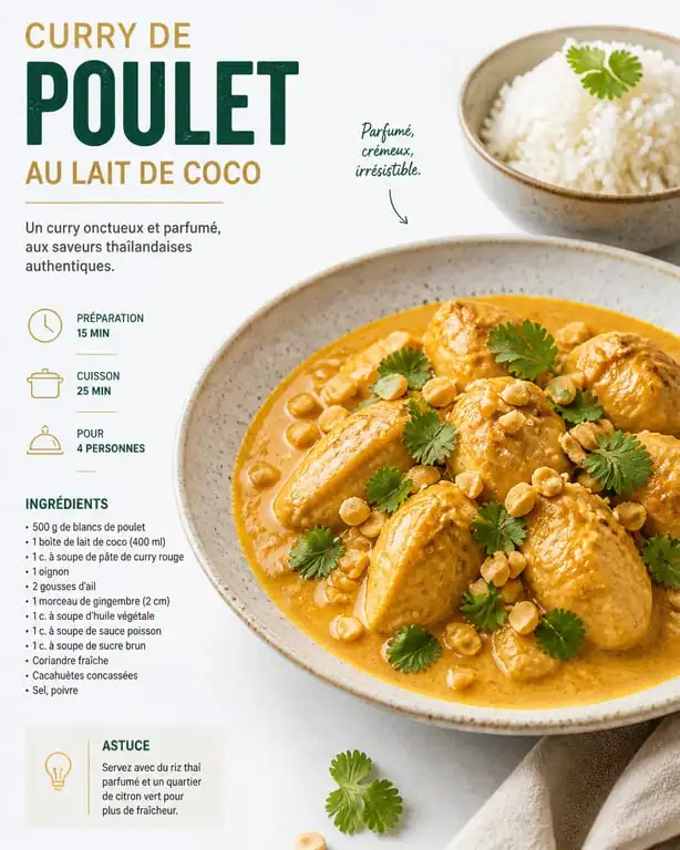 Curry de poulet au lait de coco et légumes croquants, recette avec pâte de curry