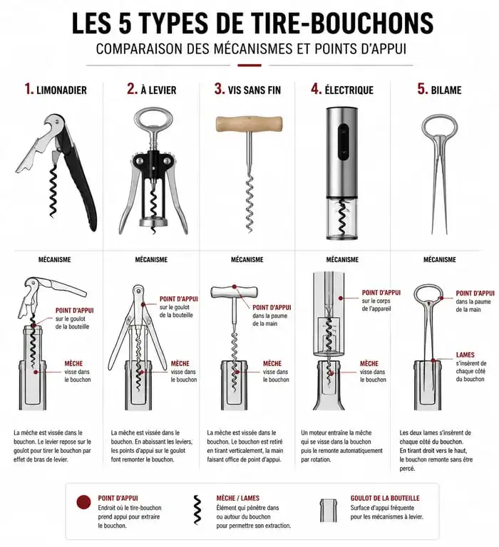 Comparatif visuel des différents types de tire-bouchons et leurs mécanismes d'ouverture