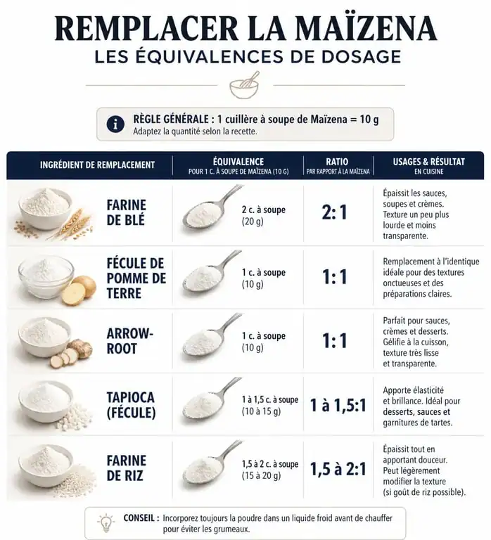Tableau comparatif des équivalences pour remplacer la Maïzena dans vos recettes