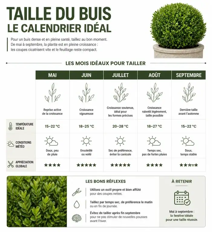 Infographie du calendrier de taille du buis pour un entretien optimal