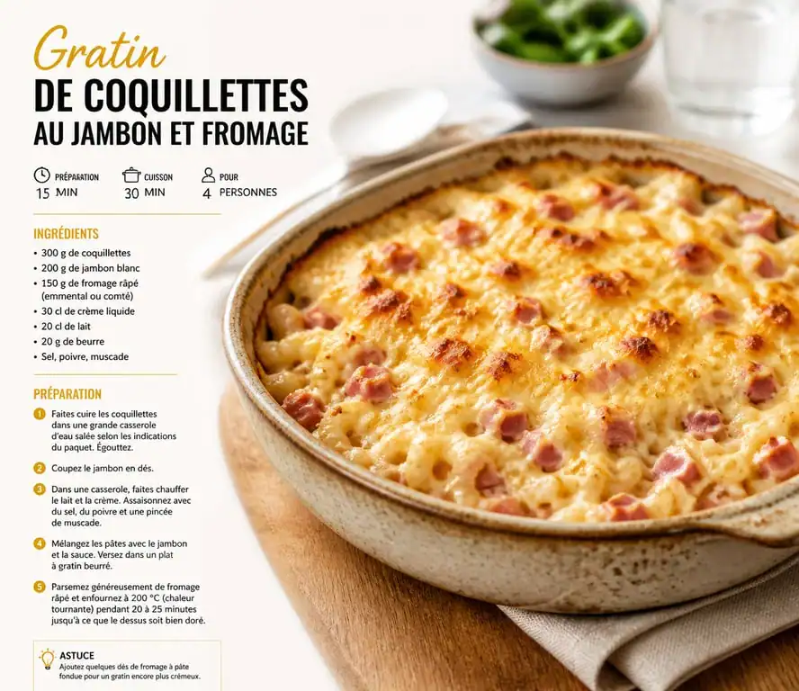 Gratin de coquillettes au jambon et fromage, recette facile et pas chère