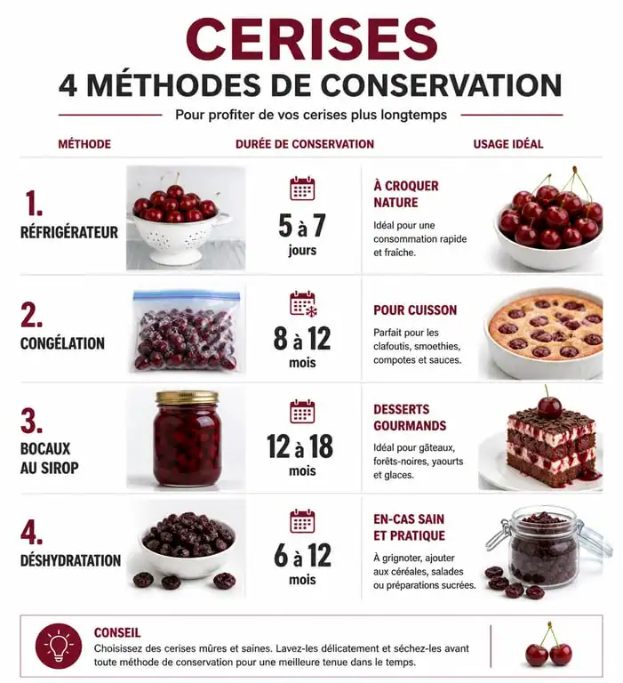 Infographie comparative des méthodes pour conserver des cerises : frigo, congélation, bocaux et séchage.