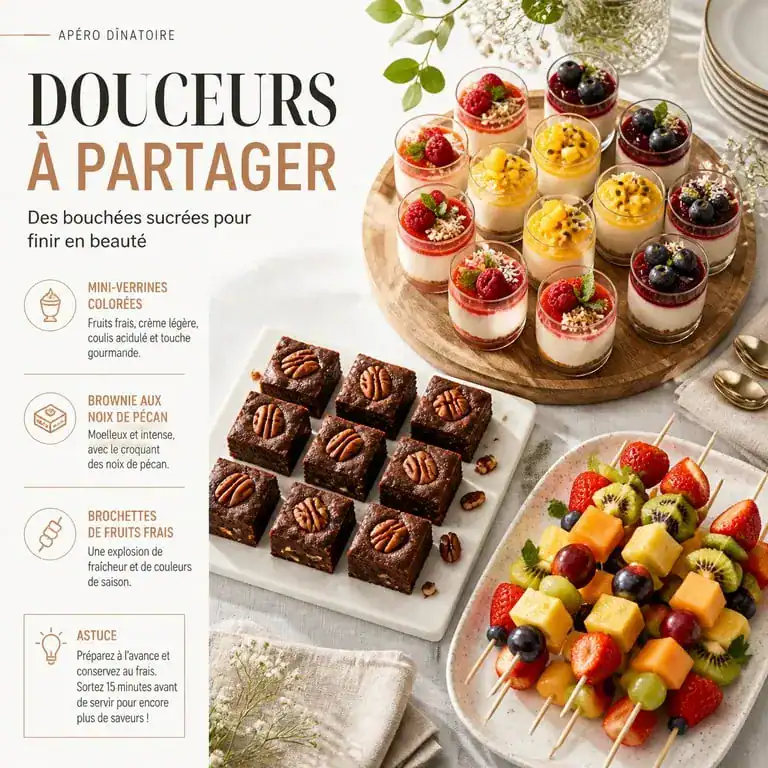 Assortiment de desserts pour un apéro dînatoire, incluant verrines, brownies et brochettes de fruits sur un buffet.
