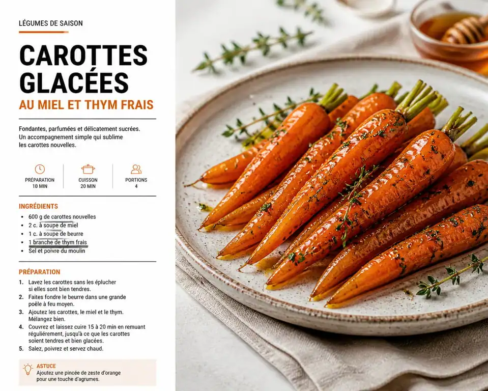 Recette de carottes glacées au miel et au thym frais dans une assiette