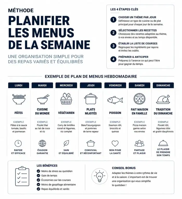 Infographie de planification de menu famille semaine avec répartition des thèmes par jour