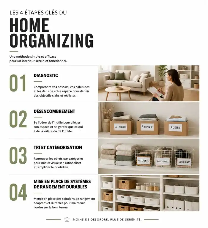 Infographie des étapes du home organizing pour une aide au rangement maison efficace