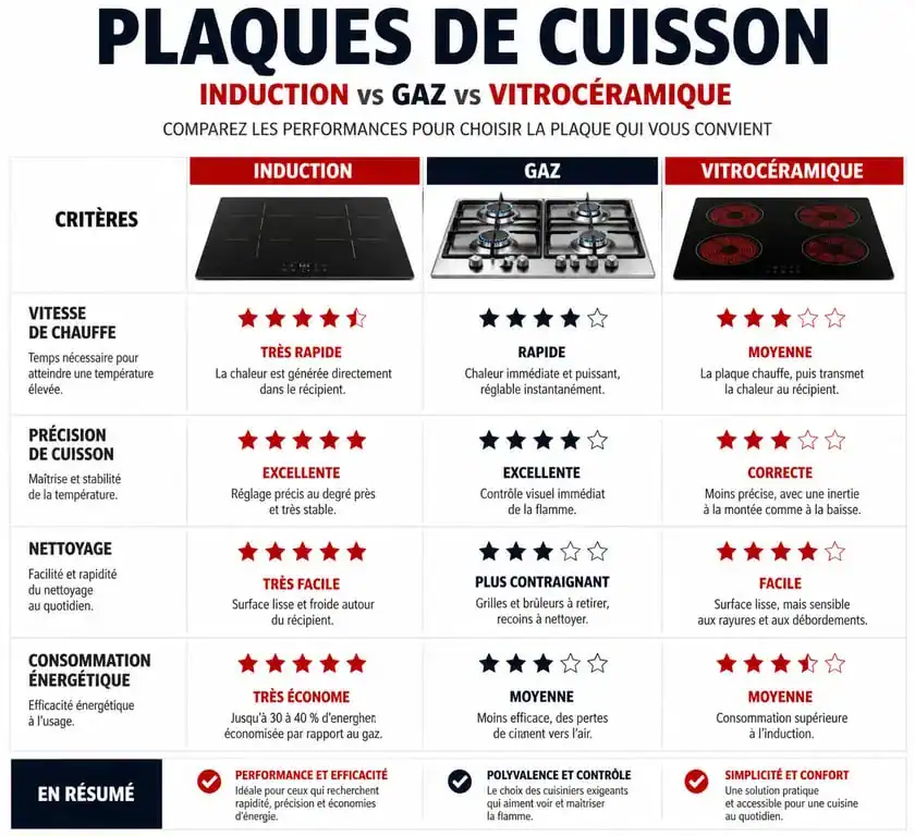 Comparatif des technologies de plaques de cuisson : induction, gaz et vitrocéramique pour choisir la meilleure plaque de cuisson.