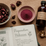 fleur d'hibiscus séchée et poudre sur plan de travail