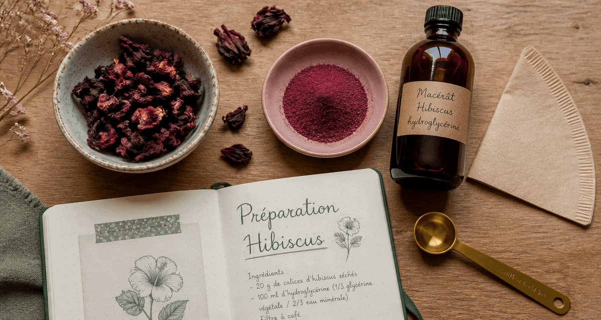 fleur d'hibiscus séchée et poudre sur plan de travail