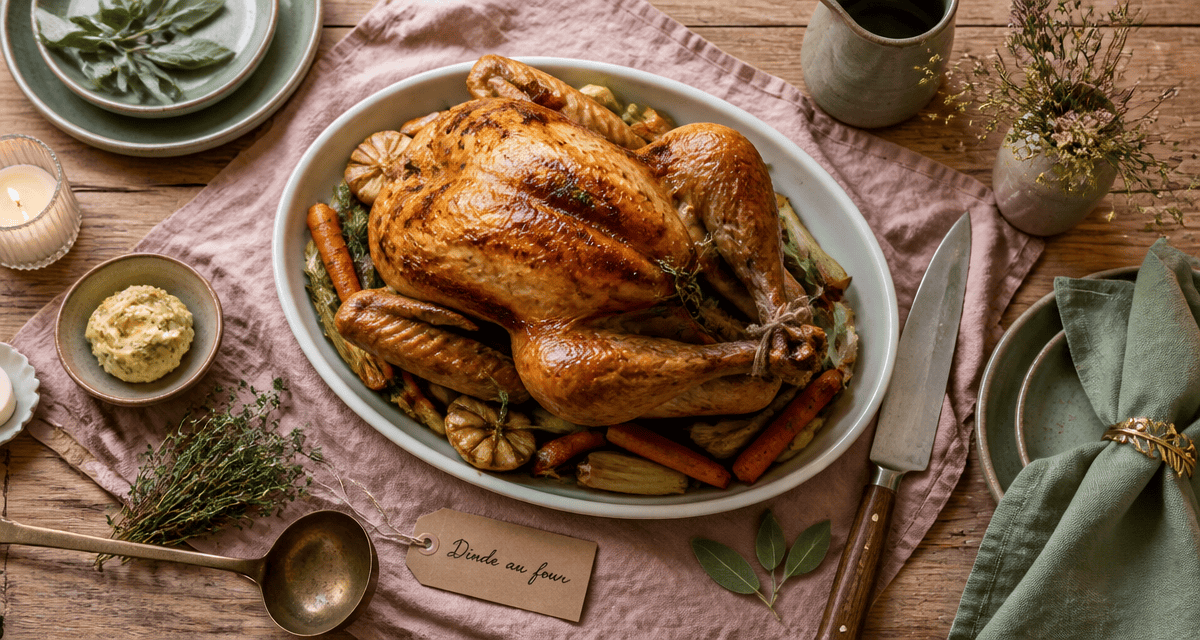 Meilleur recette de dinde au four dorée sur table avec légumes