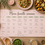 Menu famille semaine sur table, plats cuisinés et planning