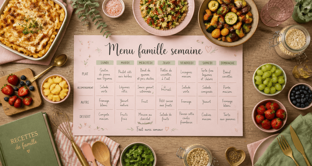 Menu famille semaine sur table, plats cuisinés et planning