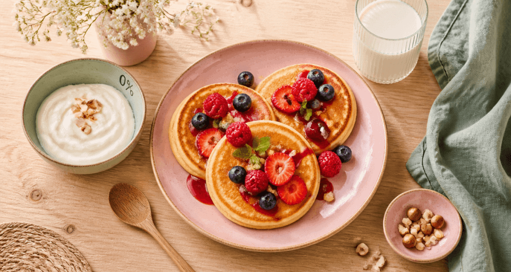 Pancake peu calorique avec fruits rouges et fromage blanc