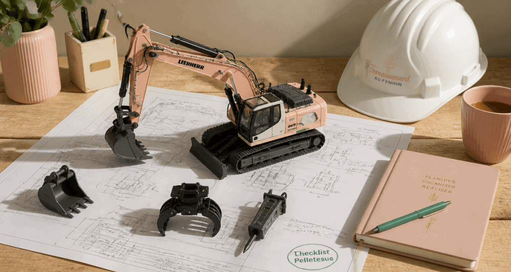 pelleteuse miniature avec accessoires sur bureau de chantier