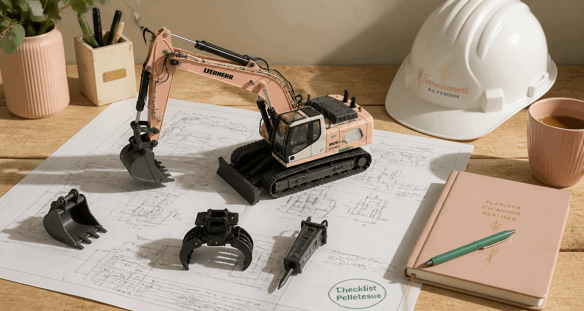 pelleteuse miniature avec accessoires sur bureau de chantier
