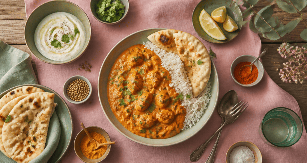 plat a base de poulet butter chicken sur table rustique