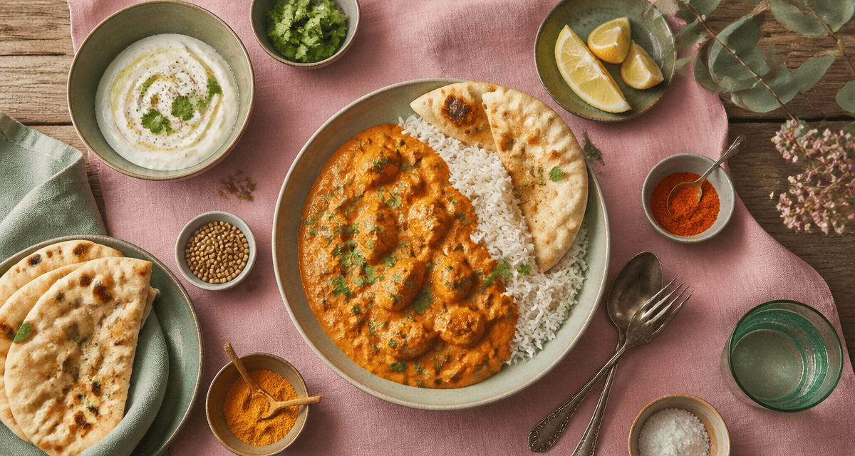 plat a base de poulet butter chicken sur table rustique