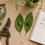 Punaise de jardin verte et diabolique sur feuilles, outils de jardin