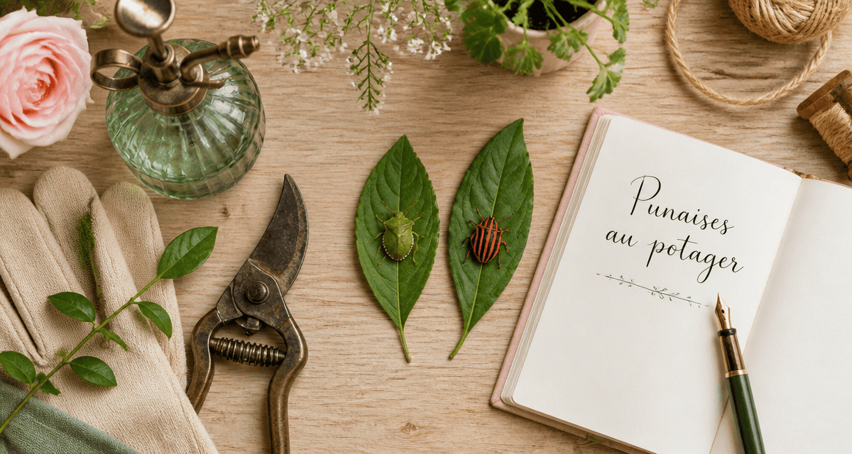 Punaise de jardin verte et diabolique sur feuilles, outils de jardin